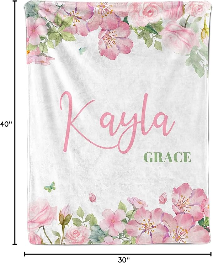 Ship Next Day, Personalized Baby Blankets for Girls, Custom Kids Blanket with Name Flowers, Receiving Blankets for Newborn Girl Gifts Swaddle, Customized Baby Shower Birthday