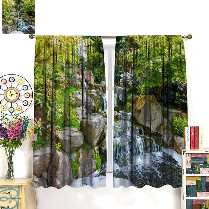 Forest Waterfall Blackout Curtains, Natural Landscape Forest Trees Waterfall Scenery PrintWindow Drapes, for Living Room Bedroom 84" W X 84" L