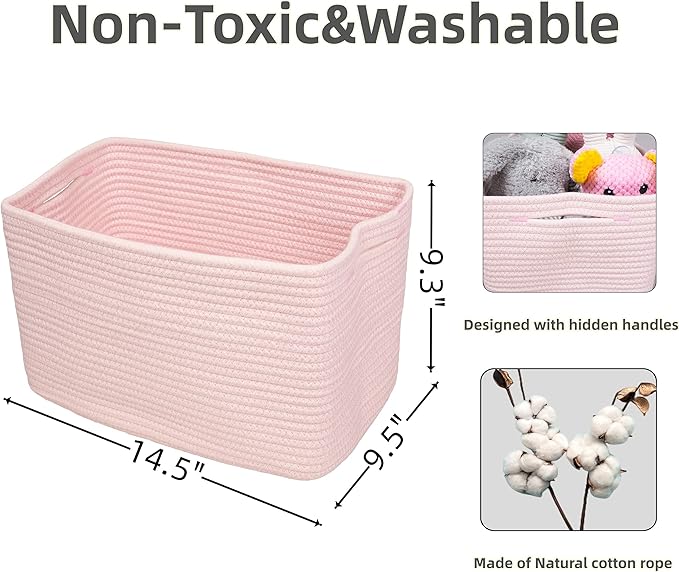 Cotton Rope storage Basket Bins Woven Basket for Organizing Shelves 14.5X9.5X9.3" Rectangle Decorative Baskets For storage Clothes Toys Books Towels Nursery basket organizer 3 pack light pink