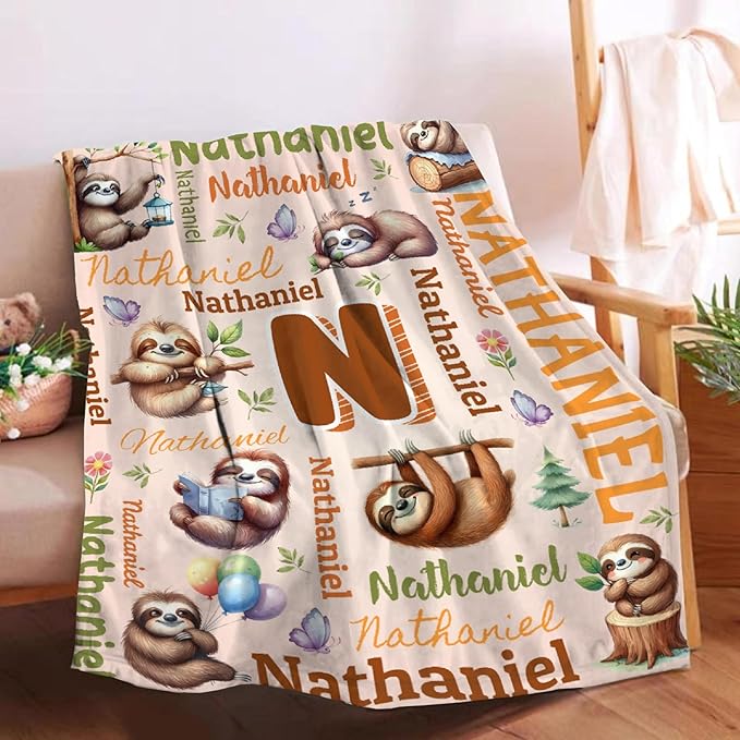 Personalized Custom Sloth Blanket Gifts for Kids Boys Girls with Name - Customized Sloth Super Soft Lightweight Flannel Sheets Decor for Crib Nap Couch - 60"x80" for Adult