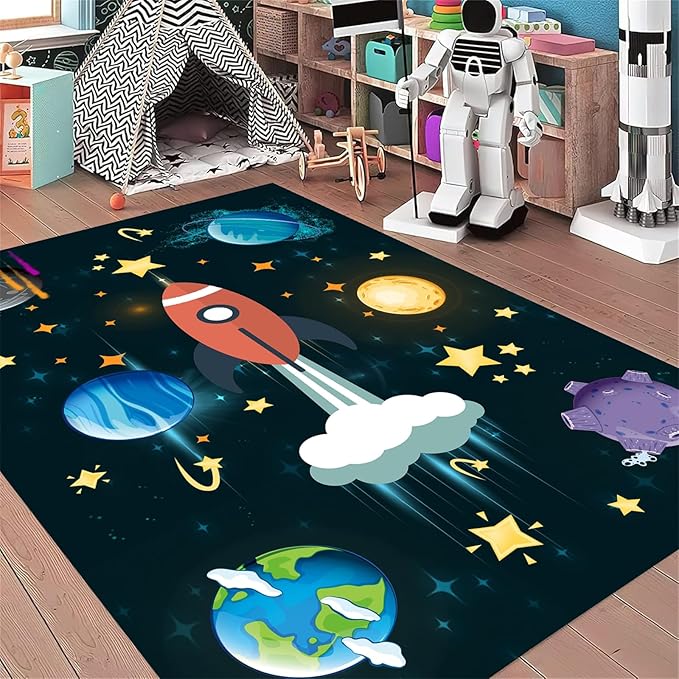 6x8ft Outer Space Rug - with Rocket and Planet Design, Non-Slip Washable,Kids Rugs for Playroom Easy Care Rug, for Children's Room, Toddlers, Classroom, Playroom, Baby Daycare