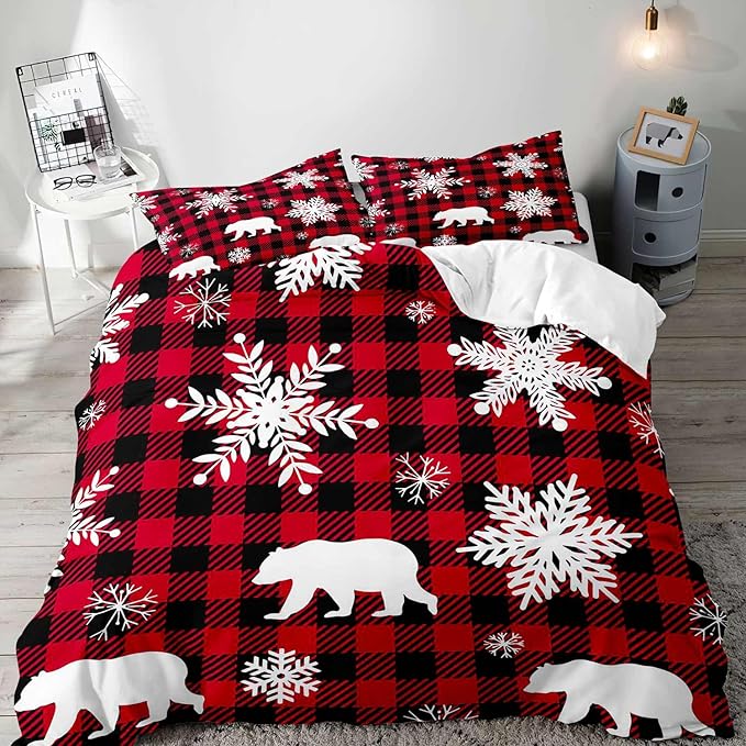 LUVIVIHOME 3PCS Christmas Duvet Cover Full Bedding Set, White Snowflake Bear Woodland Animals Cabin Lodge Holiday New Year Xmas Checkered Black Red Buffalo Plaid Comforter Quilt Cover, 2 Pillow Cases