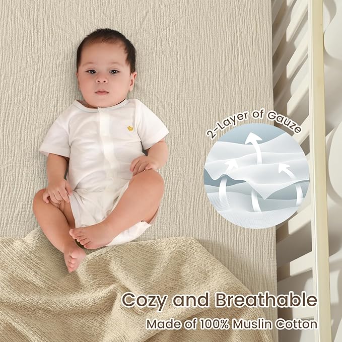david's kids Muslin Crib Sheets for Boys Girls, 2 Pack 100% Cotton Soft Breathable Fitted Baby Neutral Sheet Set, Standard 52"x28" Crib and Toddler Mattress, Oat Milk & Light Gray