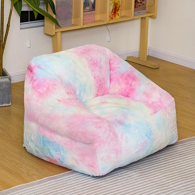 Bean Bag Chairs for Kids, 27" Modern Rainbow Colors Beanbag Sofa with Sponge Filling & Comfy Soft Faux Fur, Kids Teens Bean Bags Chair Sofa for Bedroom, Living Room, Set of 2(Colorful)