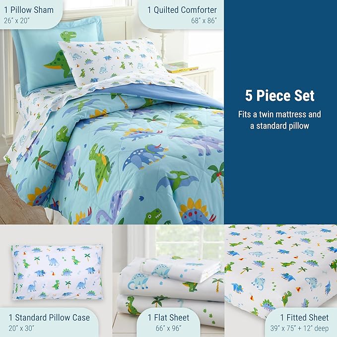 Wildkin 5-Piece Twin Bedding Set – 100% Cotton Comforter, Sheets & Pillowcase for Cozy Cuddles - Dinosaur Land