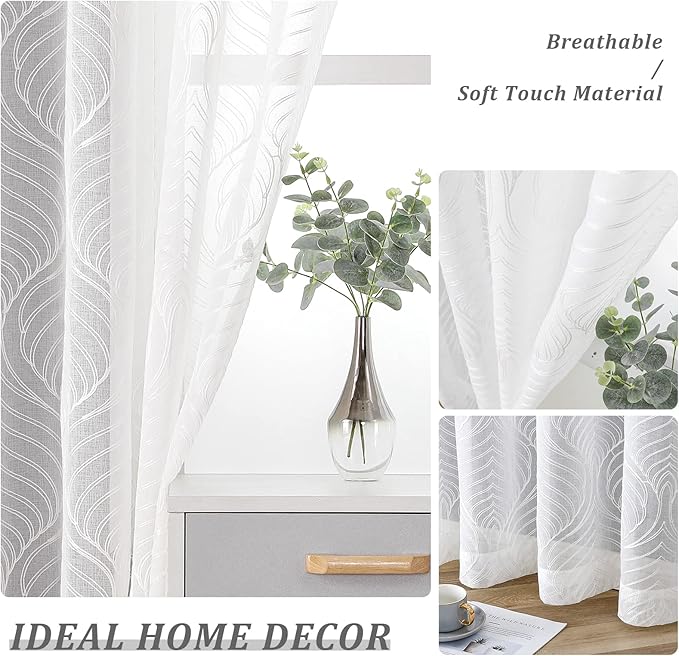 VISIONTEX White Sheer Curtains 84 Inches Long 2 Panels Set Moroccan Embroidery Texture Geometric Rod Pocket Ivory White Voile Tulle Semi Window Treatment Pair for Bedroom Living Room 54 x 84 Inches
