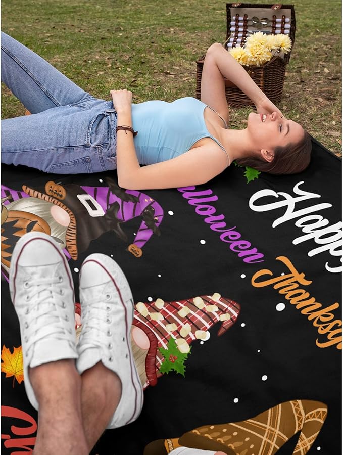 Thuswarm Happy Halloween Thanksgiving Christmas Flannel Throw Blanket Soft Warm Gnomes Print Blankets for Bed Couch Sofa Room Decoration Gifts 120”×90” Extra Large for Family