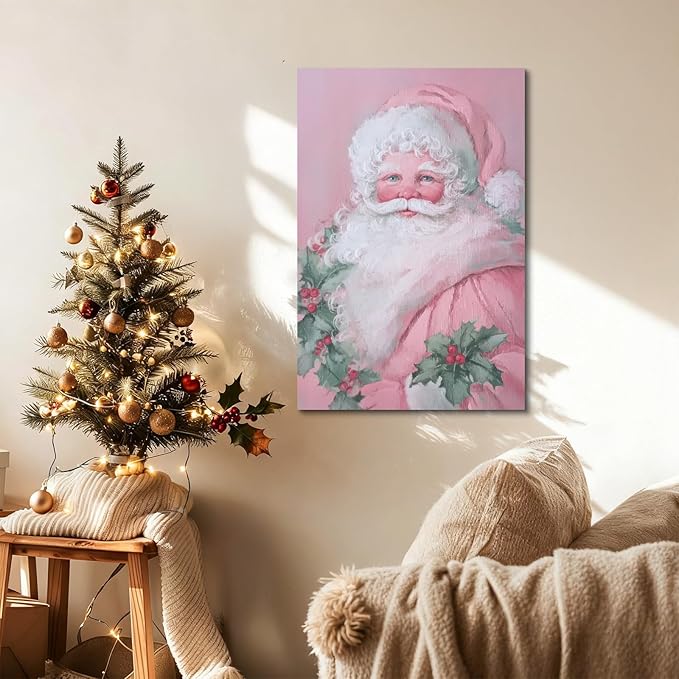 YONICA Christmas Canvas Wall Art Pink Santa 18x24 Inch Soft Pastel Holiday Art for Nursery - Large Framed Gallery Wrapped Kids Room Decor