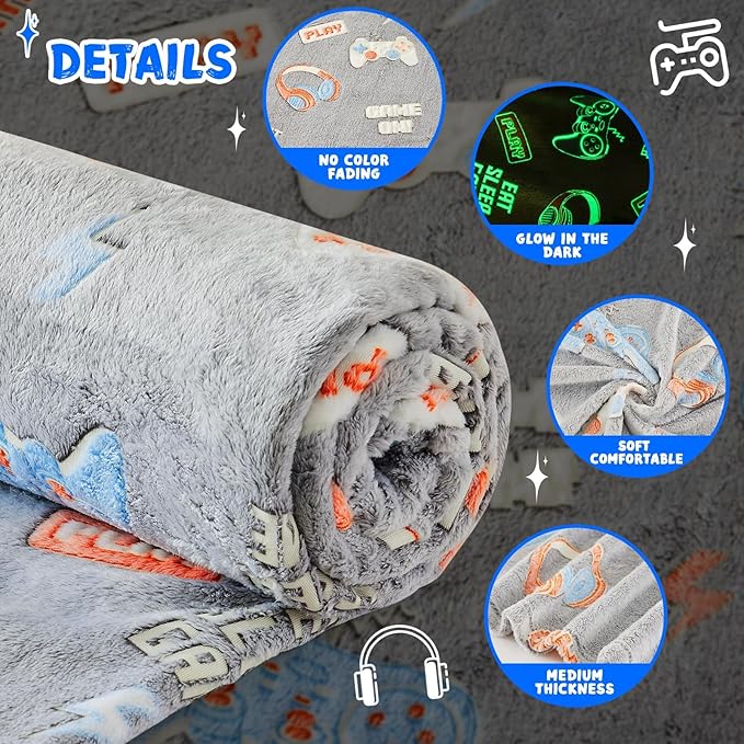 inhand Glow in The Dark Blanket Gaming Gifts for Boys Controller Kids Throw Gamer Blanket Gamer Toys for Kids Boys Game Gamepad Presents Birthday Easter Halloween Grey 40"x60"