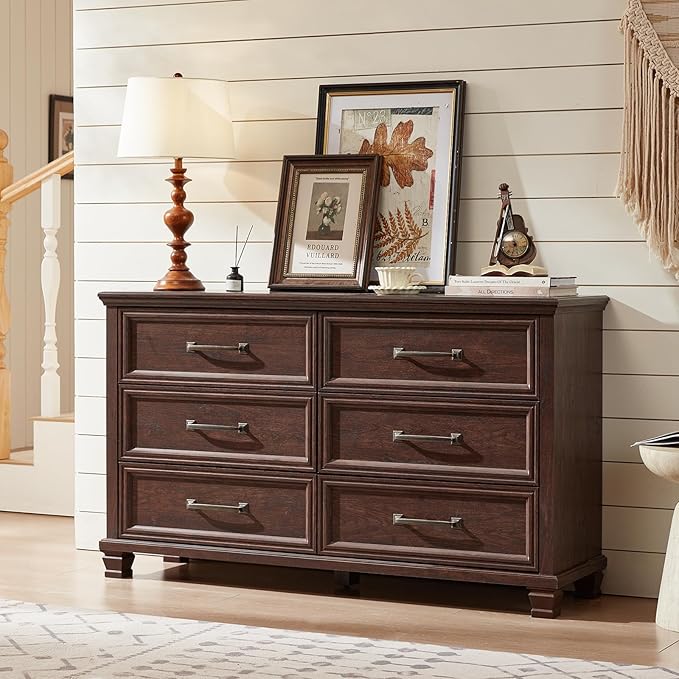 Farmhouse Wood 6 Drawer Dresser Set of 2, 54 inch Wide Large Vintage Chest of Drawers for Bedroom, Rustic Dressers TV Stand with Square Solid Wooden Legs for Living Room, Hallway, Walnut