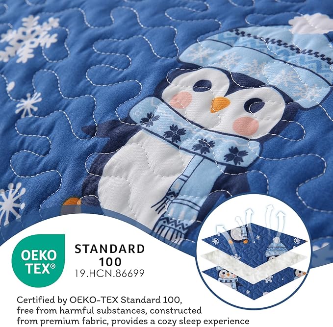 JSD 3 Pcs Kids Christmas Quilt Set Full/Queen, Blue Penguin Christmas Theme Bedding, Soft Microfiber Bedspread Coverlet Holiday Quilted Blanket