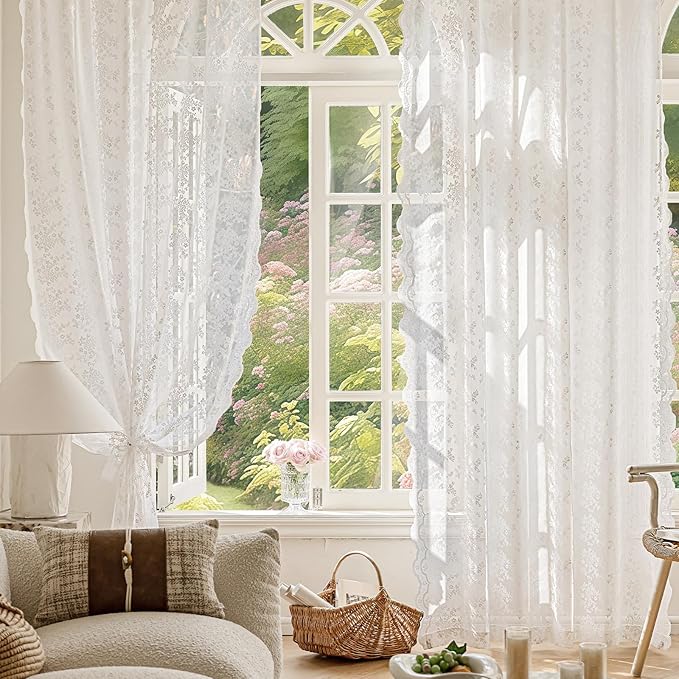 Anmao Vintage White Lace Curtains 45 Inches Long 2 Panels Set, Romantic Elegant Light Filtering Semi Sheer Floral Thick Lacy Curtain Drapes for Living Room and Bedroom, Each Panel 55W x 45L, Off White