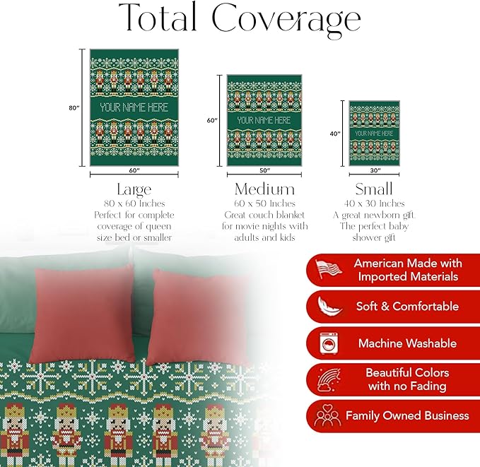 Custom Stitch Style Nutcracker Christmas Blanket - Ships Next Day, Printed in USA - Plush Fleece Sofa Throw, Holiday Home Decor, Soft Bedding, Customizable Toddler to Adult Size (Fleece 50x60)