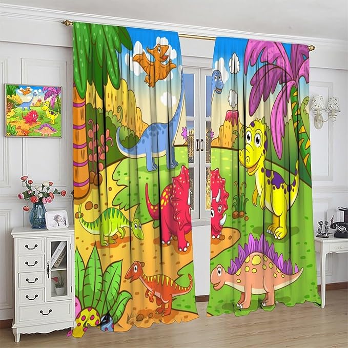 Cute Dinosaur Curtains, Colorful Cartoon Dino Pattern Blackout Window Treatments, Rod Pocket Thermal Insulated Drapes 2 Panel Sets for Kids Bedroom Nursery Classroom, 55" W X 63" L