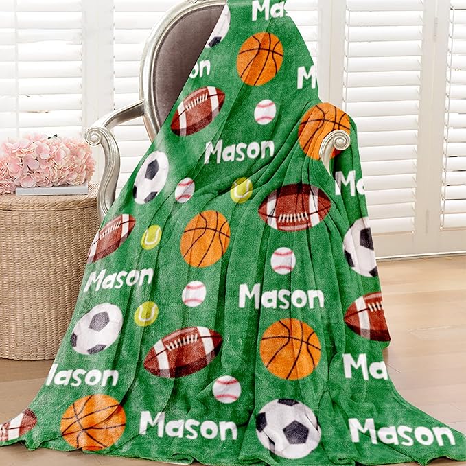 Personalized Ball Blanket with Name for Boys, Custom Name Blanket for Kids Ball, Soft Flannel Ball Toddler Blanket Customized Gift for Birthday Christmas Baby Shower Newborn Gift 60x80in