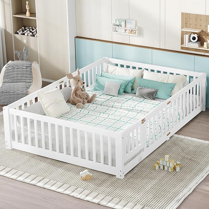 Bellemave Queen Size Floor Bed for Kids, Girls, Boys, Wood Floor Bed with slats and Door, White