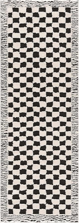 Hauteloom Leryn Contemporary Checkered Area Rug - Modern Geometric Bordered Carpet for Living Room, Bedroom - Checkboard Design - Square Tiles - High Pile - Black and White - Off White - 18" Sample