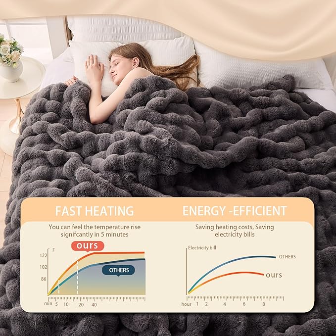 Heated Blanket Electric Throw, 50" X 60" Heated Blanket with 10 Heat Levels 8 Hours Auto Off, Faux Rabbit Fur Bubble Electric Blanket