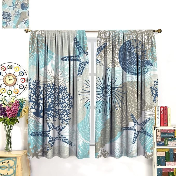 Coastal Curtains Ocean Beach Themed Room Darkening Window Curtain Nautical Coral Blackout Curtain for Bedroom Living Room Bathroom Nursery Set 2 Panels,42x63 Inches