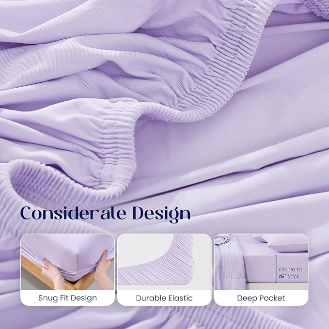 Dream Valley® Twin Sheets Set, Cooling Fitted Sheet with 1 Pillowcase-2 PCS with No Flat Sheet,Q-Max > 0.4 Aerocool, Cooling for Night Sweats, Hot Sleepers,deep Pocket up to 15",Lavender Fog