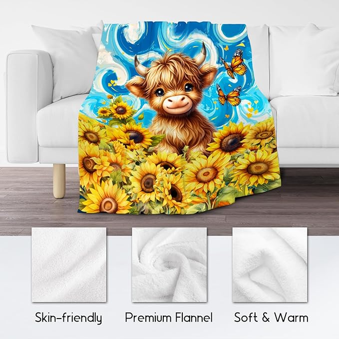 Kids Blanket - Highland Cow Blankets for Teens/Women - Flannel Soft Sunflower Throws for Bed Office - 50"x60"