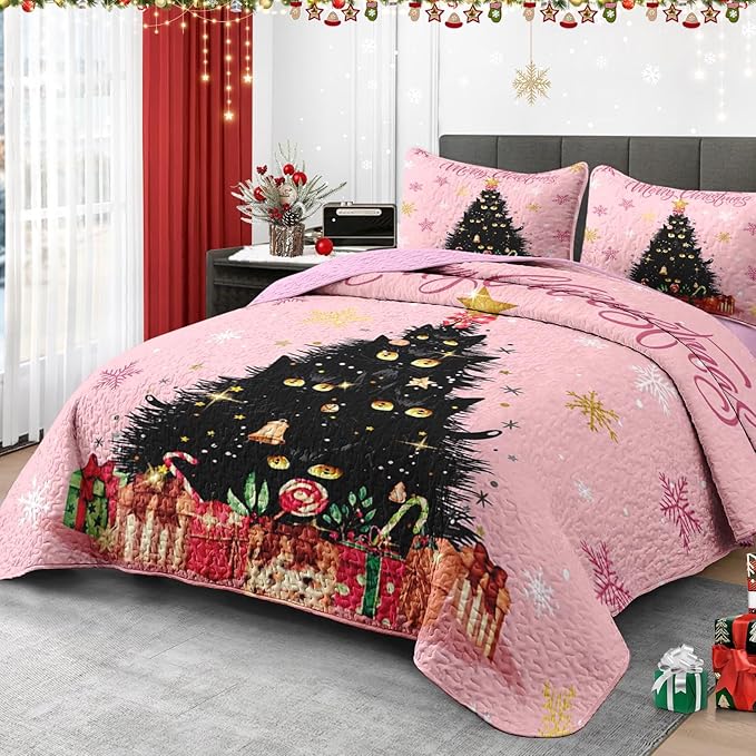 Christmas King Size Quilt Set, Black Cat Xmas Trees Lightweight Bedspread Coverlet with Pillow Shams for Kids and Adults, Pink Snowflakes 3 Pcs Bedding Bed Cover
