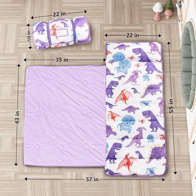 Primlect Thickened Toddler Nap Mat with Removable Pillow and Minky Blanket, Extra Large 55''x35'' Sleeping Bag, Washable, Roll up, Perfect for Daycare, Preschool, Kindergarten, Boys and Girls Dinosaur