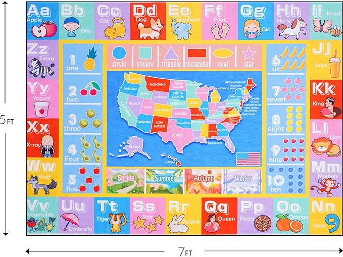 Kids Rugs for Playroom - Soft & Non-Slip 5x7 Feet Educational Rug for Learning ABC Alphabet, Numbers, Shapes & Map, Washable Classroom Rug for Toddler Nursery & Kids Room Decor