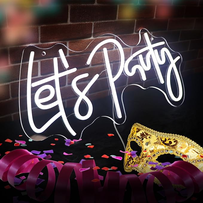 Let's Party Neon Sign for Wall Decor Led Neon Lights for Teen Bedroom Decor Art Light Up Letters Let's Party Neon Neon Signs for All Party Room Decorations USB 5v 21.7×10.4 Inch (White)