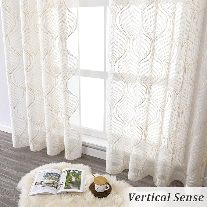 VISIONTEX Sheer Curtains 108 Inches Long 2 Panels Set Beige Moroccan Embroidery Texture Geometric Rod Pocket Ivory White Voile Tulle Semi Window Treatment Pair for Bedroom Living Room 54 x 108 Inches