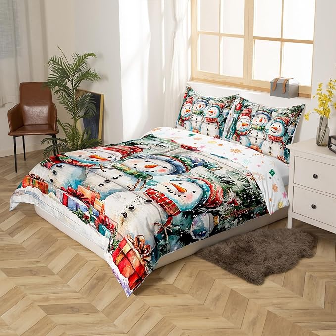 Cartoon Snowman Duvet Cover Set Twin Size,Xmas Tree Winter Snow Merry Christmas Bedding Set,Boys Girls Room Decor,Wooden Plank Rustic Comforter Cover,White Quilt Cover,1 Pillowcase,No Comforter