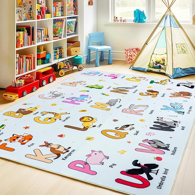 Kids Rugs for Playroom, 3x4 Feet Educational Rug for Learn The ABC Alphabet, Soft Machine Washable Non-Slip Cute Cartoon Animals Carpet for Classroom Toddler Nursery Kids Room Decor, Blue