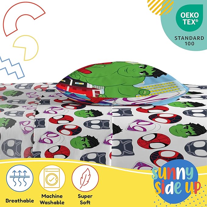 Sunny Side Up Spidey & His Amazing Friends Twin Sheet Set - 3 Piece Kids Bedding Set Includes Pillow Cover - Super Soft Superhero Microfiber Sheets Features Miles Morales & Ghost Spider