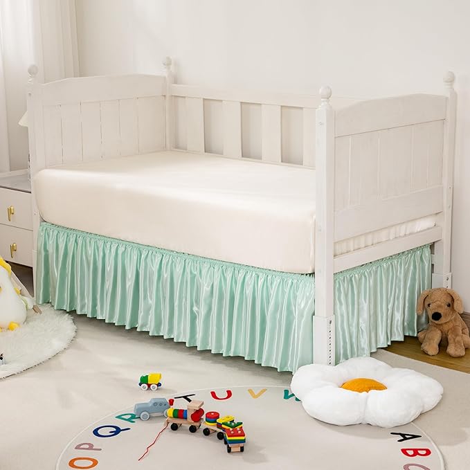 Mint Green Satin Crib Bed Skirt, 52" x 28" with 14" Drop Silky Soft Baby Crib Skirt for Baby Girls or Boys, Fit for Standard Crib & Toddler Bedding