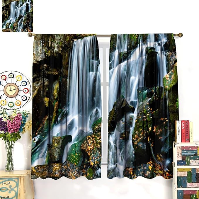 Waterfall Blackout Window Curtains, Forest Nature Landscape Theme Pattern Print Window Drapes, for Living Room Bedroom 42" W X 63" L