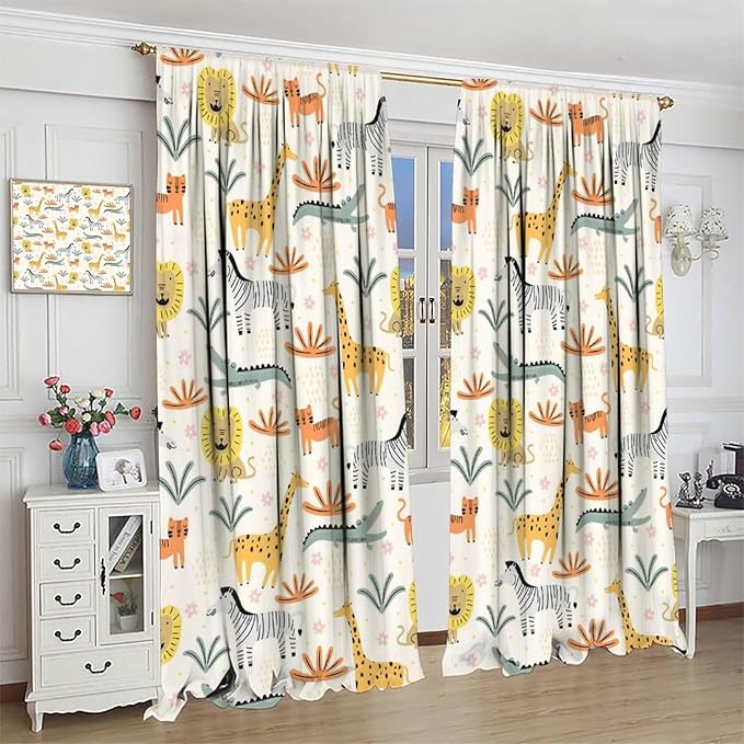 Wild Animals Curtains, Cute Cartoon Animals Zoo with Lion Zebra Crocodile Cat and Giraffe Tropical Jungle Plant Print Window Treatments for Kids Boys Girls Bedroom Living Room 42x63in