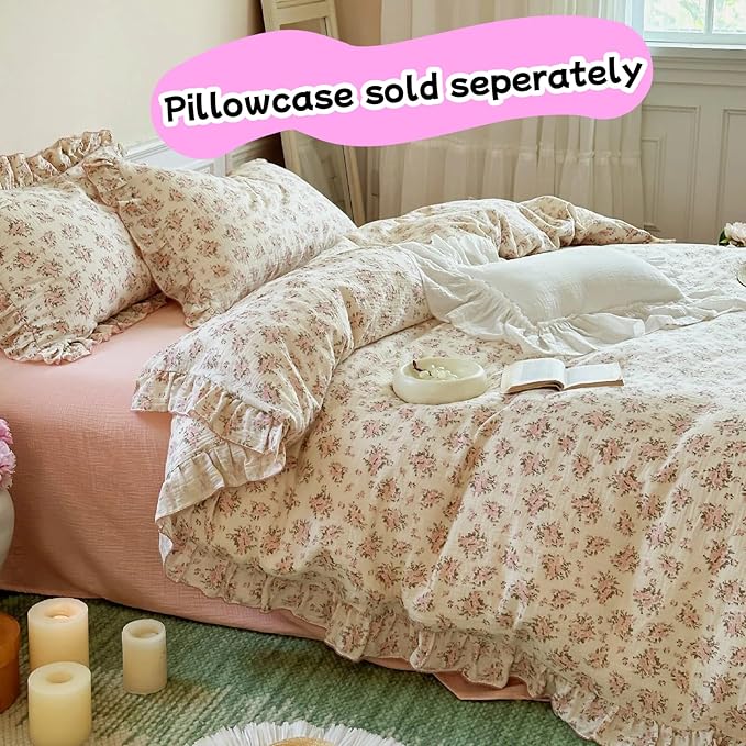 BuLuTu Muslin Duvet Cover Full for Kids Adults Elegant Pink Floral Duvet Covers with Ruffles Soft Breathable Comforter Cover Quilted Cover for Women Girls, 79"x90", No Pillow Cases