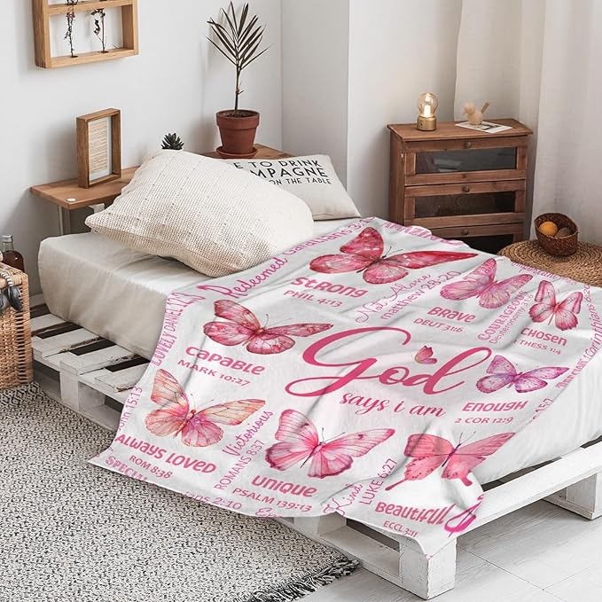 Butterfly Bible Verse Blanket, Inspirational Scripture Religious Gifts for Christian, Warm Soft Flannel Bible Throw for Bed Sofa Decoration 60"x80" for Adult
