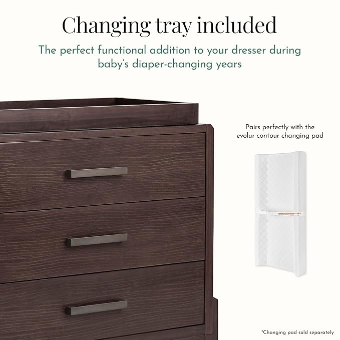 Evolur Atlas Nursery Dresser with Changing Tray | 3-Drawer Hardwood Chest for Baby Room | Roasted Chestnut