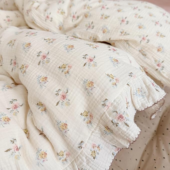 BuLuTu Muslin Duvet Cover King, Vintage Azalea Floral Comforter Cover with Ruffles, Princess Bedding Soft Breathable Gauze Cotton Quilt Covers,90"x104", Zipper Closure, No Pillow