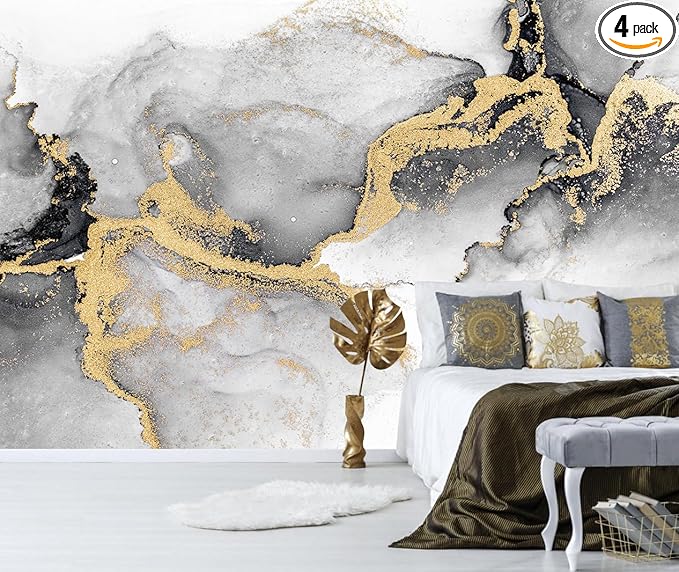 Black Gold Marble Wallpaper Abstract Ink Art Large Background Mural Living Room Office（Not Peel and Stick）