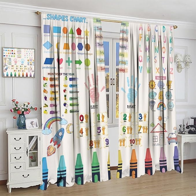 Kids Educational Alphabet Curtain,Boho Watercolor Alphabet Pastel Numbers Shapes Colors for Girls Child Nursery Home Kids Printed Rod Pocket Blackout Window Drapes for Bedroom Living Room 42"W X 54"L