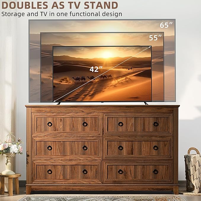 Farmhouse Living Room Sets, Night Stands Set of 2 and 6 Drawers Dresser for Bedroom, 58 Inch Wide Wood Dresser and 18.1" Night Stands with Charging Station for Bedroom, Living Room, Hallway