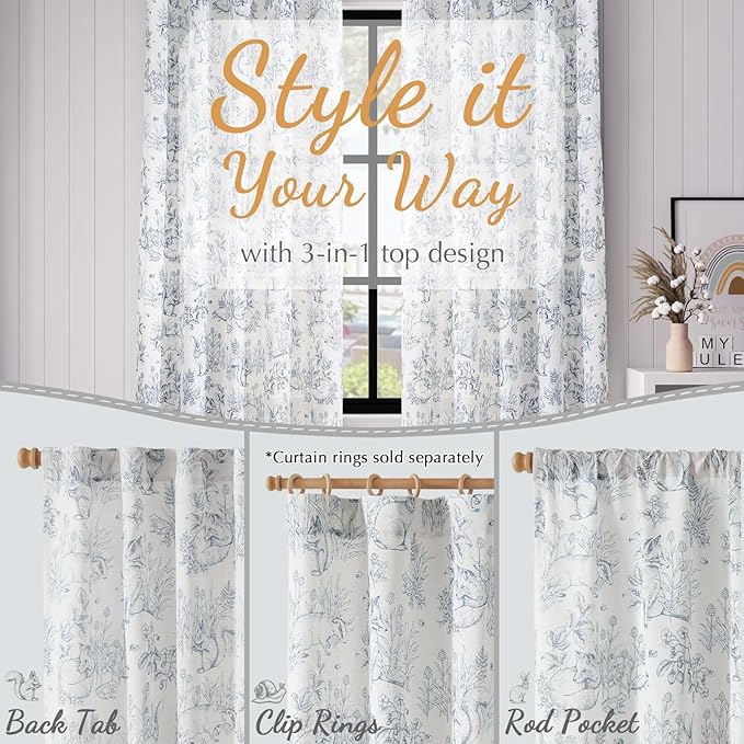 jinchan Linen Nursery Curtains 84 inch Long Woodland Wildlife Blue Print Drapes for Kid's Room Light Filtering French Country Farmhouse Curtains with Bunny and Forest Design Set of 2 Panels