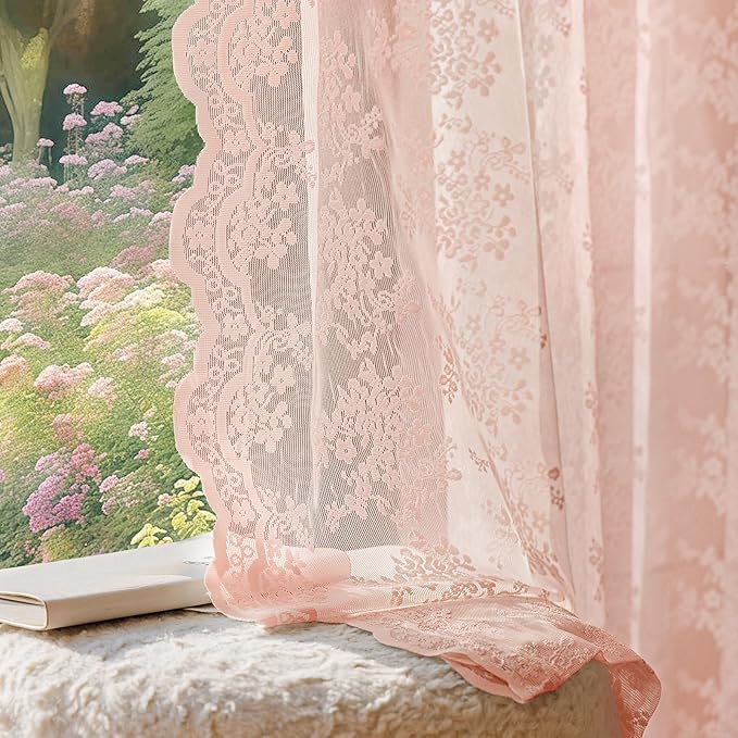 Anmao Vintage Lace Curtains 45 Inches Long 2 Panels Set, Romantic Elegant Light Filtering Semi Sheer Floral Thick Lacy Curtain Drapes for Living Room and Bedroom, Each Panel 55W x 45L, Blush Pink