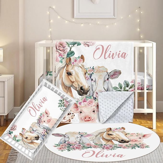 Custom Baby Crib Bedding Set, 3 Pcs Personalized Nursery Bedding Set with Name, Soft Baby Bedding Crib Sets with Blanket - Toddler Crib Sets for Girls Boys, Infant Newborn Gifts, Flower Animals