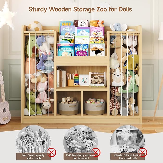 ONBRILL Two Wooden Stuffed Animal Storage, Toddler Toy Storage Organizer with 4-Tier Kids Bookshelf and 3 Open Cube Shlef, Multifunctional Bookcase for Kids Rooms Playroom Nursery