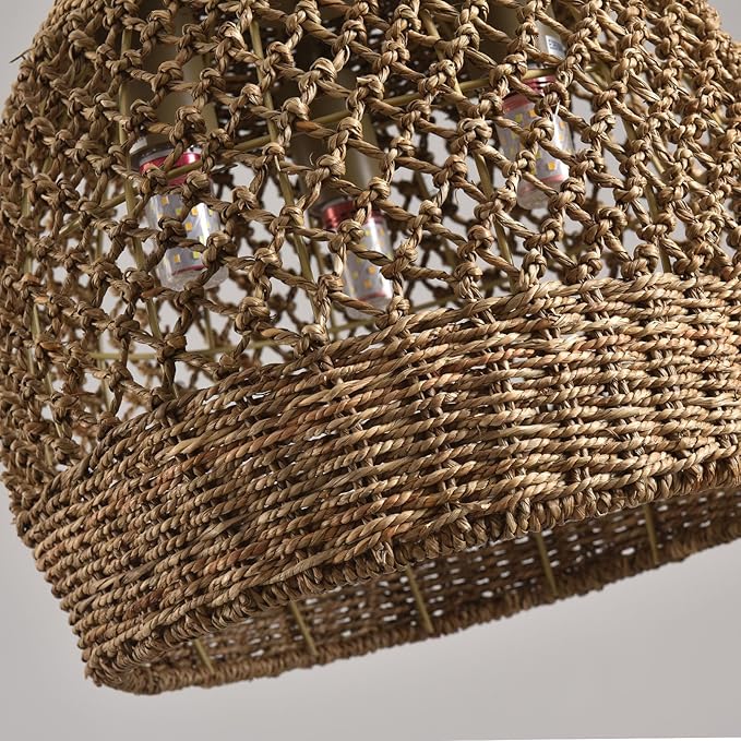 Rattan Pendant Light 13.39" Boho Coastal Hanging Wicker Hand-Woven Seagrass Chandelier for Kitchen Islands Farmhouse 3-Light