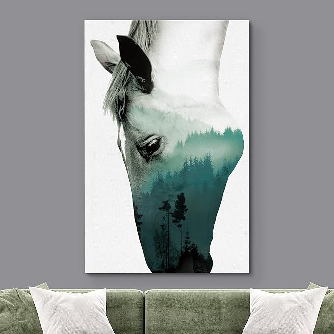 SIGNWIN Canvas Wall Art A Wild Horse and Foggy Mountain Double Exposure Photography Animals Wildlife Digital Art Modern Art Rustic Portrait Edgy for Living Room, Bedroom, Office - 12x18 inches