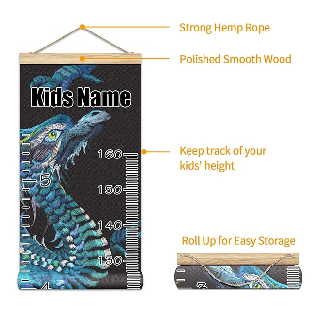 Personalized Kids Name Growth Chart Ruler for Wall Wood Frame Height Measure Chart 13.4x56 in Linen Hanging Height Growth Chart Retro Blue Dragon Kids Room Decor